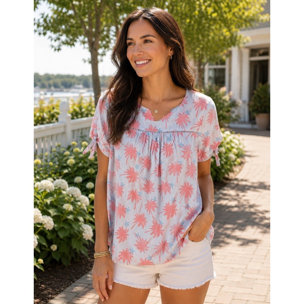 Crown & Ivy Women's M Medium Top Blue Palm Star Print Scoop Neckline Rayon Tee